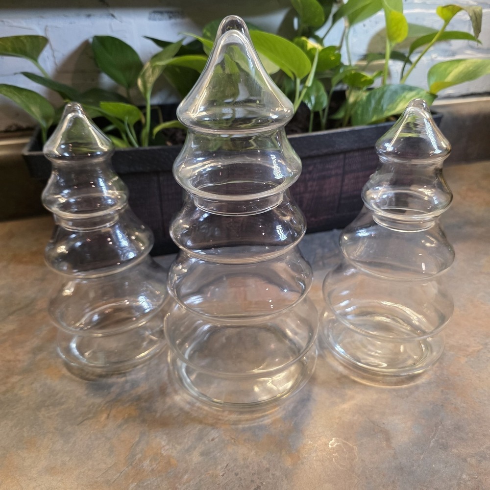 Rare Vintage Libbey Glass Crystal Creations Christmas Tree Jar Complete Set of 3